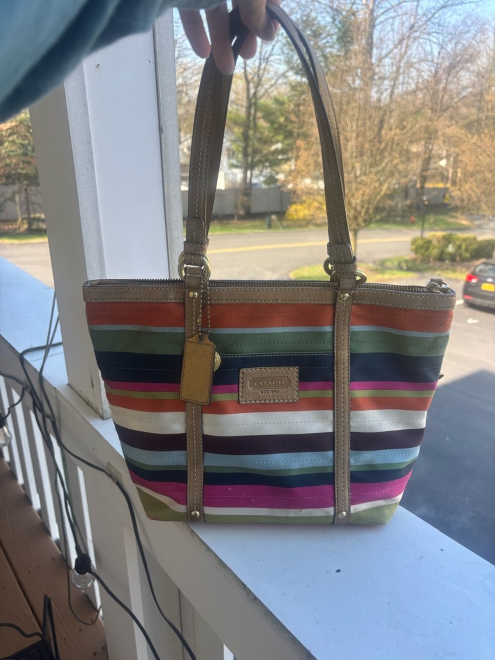 Rare vintage Coach Multicolor Striped Canvas Tote with Tan Leather Trim
